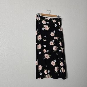 Black Floral Midi Skirt with Pink Blooms Sz 6
